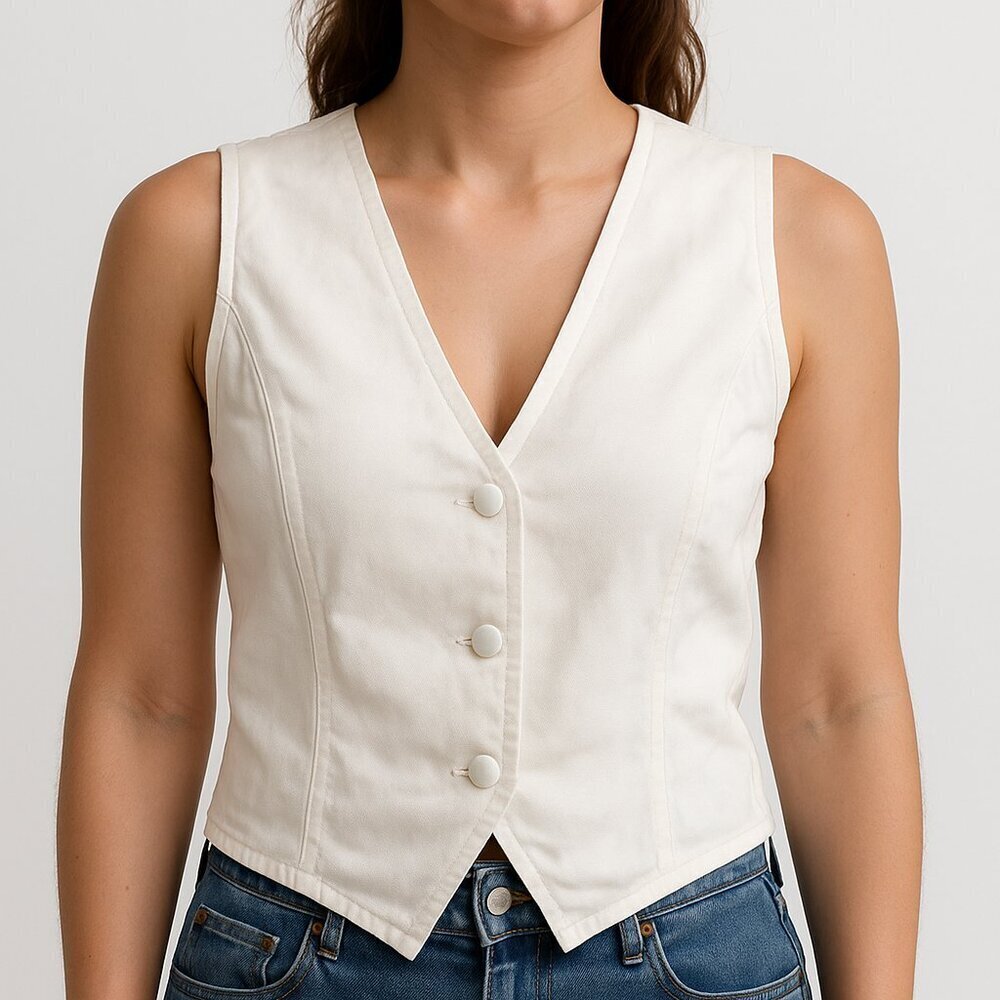 Musera White Button Front Vest Medium NWT Minimalist Tailored Waistcoat